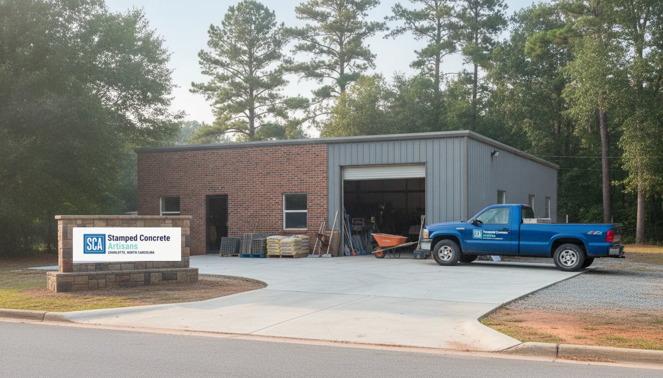 Stamped Concrete Artisans shop, monument sign, and work truck in Charlotte, NC